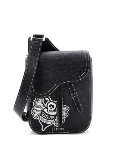 Pre-owned Dior Stussy Saddle Messenger Pouch Leather With Applique Crossbody Bag In Black