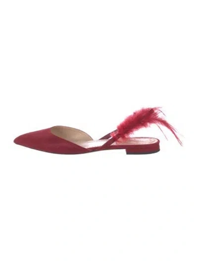Pre-owned Dior Suede Feather Trim Slingback Flats In Red