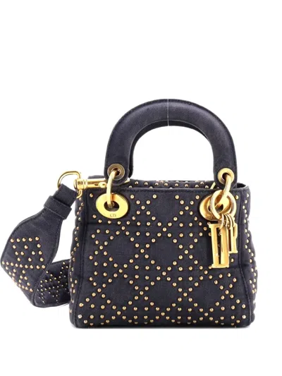 Pre-owned Dior Supple Lady  Bag Cannage Studded Denim Mini Tote Bag In Blue