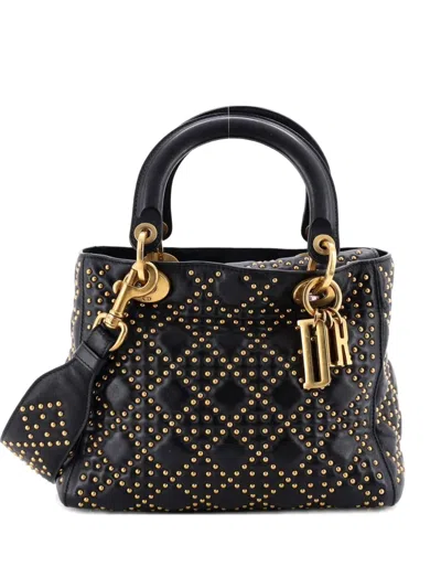 Pre-owned Dior Supple Lady  Bag Cannage Studded Lambskin Medium Satchel In Black