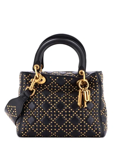 Pre-owned Dior Supple Lady  Bag Cannage Studded Lambskin Medium Satchel In Black