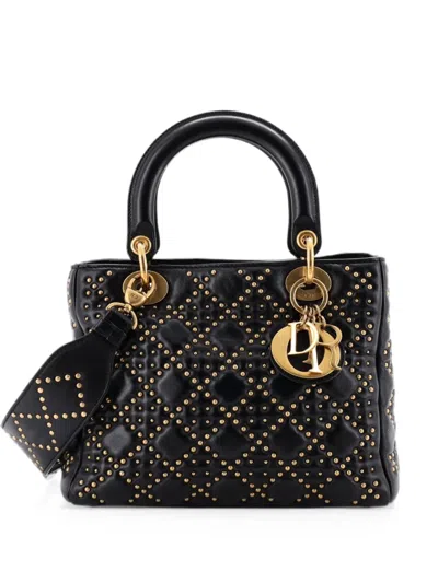 Pre-owned Dior Supple Lady  Bag Cannage Studded Lambskin Medium Satchel In Black