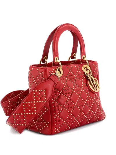 Pre-owned Dior Supple Lady  Bag Cannage Studded Lambskin Medium Satchel In Red