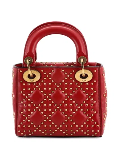 Pre-owned Dior Supple Lady  Bag Cannage Studded Lambskin Mini Crossbody Bag In Red