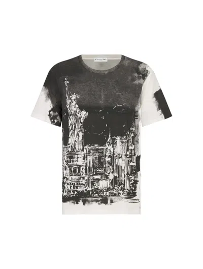Dior T-shirt In Black And White Cotton And Linen Jersey With New York Motif In Multicolour