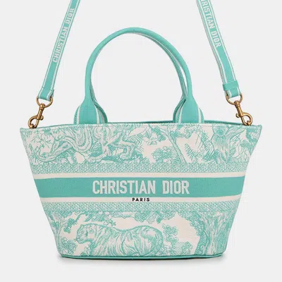 Pre-owned Dior Toile De Jouy Embroidery Pannier Hat Bag Aquamarine Canvas In Green