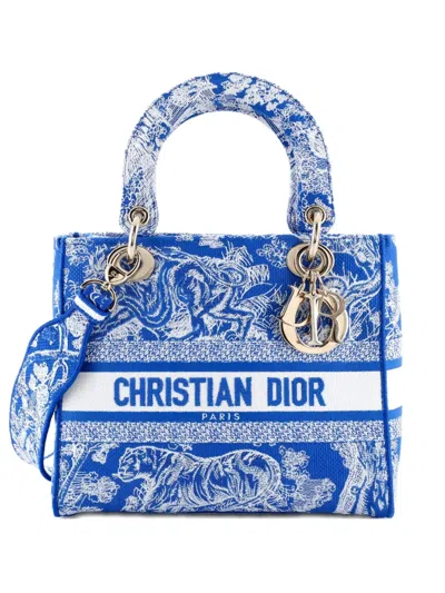 Pre-owned Dior Toile De Jouy Lady D-lite Bag Embroidered Canvas Tote Bag In Blue