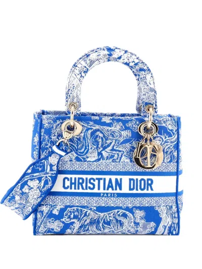 Pre-owned Dior Toile De Jouy Lady D-lite Bag Embroidered Canvas Tote Bag In Blue
