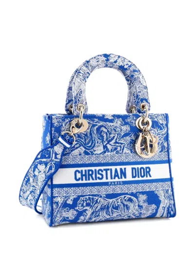 Pre-owned Dior Toile De Jouy Lady D-lite Bag Embroidered Canvas Tote Bag In Blue