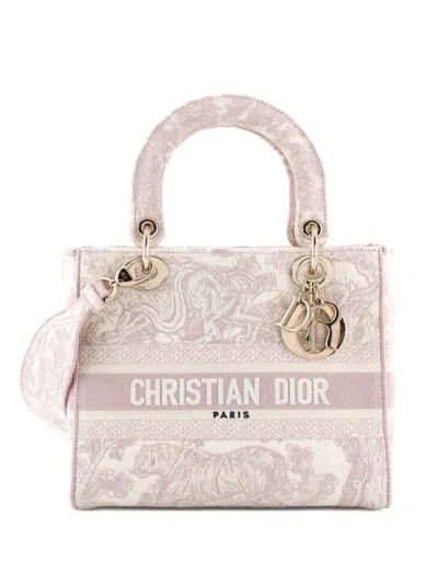 Pre-owned Dior Toile De Jouy Lady D-lite Bag Embroidered Canvas Tote Bag In Neutral