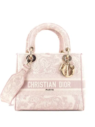 Pre-owned Dior Toile De Jouy Lady D-lite Bag Embroidered Canvas Tote Bag In Neutral
