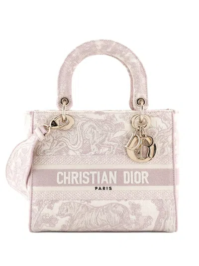 Pre-owned Dior Toile De Jouy Lady D-lite Bag Embroidered Canvas Tote Bag In Neutral