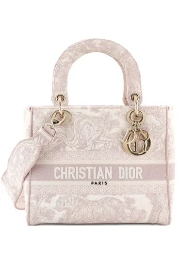 Pre-owned Dior Toile De Jouy Lady D-lite Bag Embroidered Canvas Tote Bag In Neutral