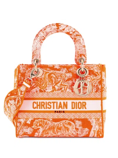 Pre-owned Dior Toile De Jouy Lady D-lite Bag Embroidered Canvas Tote Bag In Orange