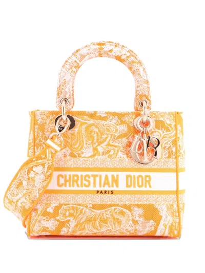 Pre-owned Dior Toile De Jouy Lady D-lite Bag Embroidered Canvas Tote Bag In Orange