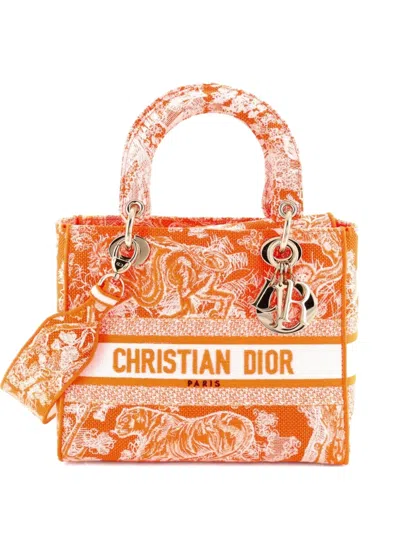 Pre-owned Dior Toile De Jouy Lady D-lite Bag Embroidered Canvas Tote Bag In Orange