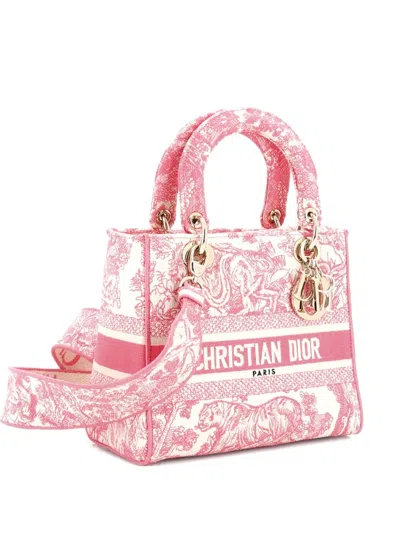 Pre-owned Dior Toile De Jouy Lady D-lite Bag Embroidered Canvas Tote Bag In Pink