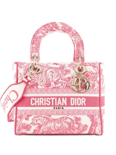 Pre-owned Dior Toile De Jouy Lady D-lite Bag Embroidered Canvas Tote Bag In White