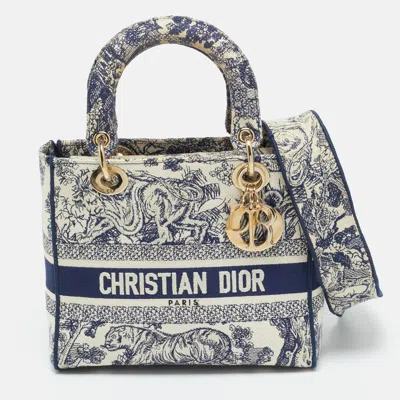 Pre-owned Dior Toile De Jouy Lady D-lite Medium Navy Blue/white Embroidered Canvas Tote