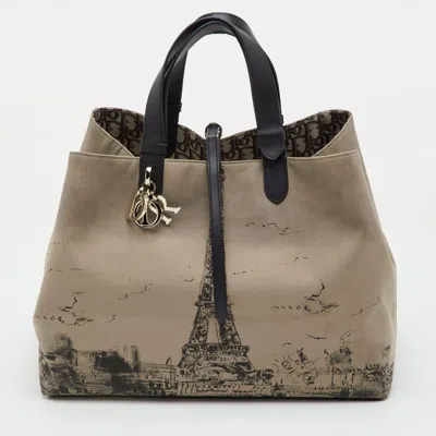 Pre-owned Dior Toujours Large Beige/black Canvas And Leather Paris Eiffel Tower Print Tote