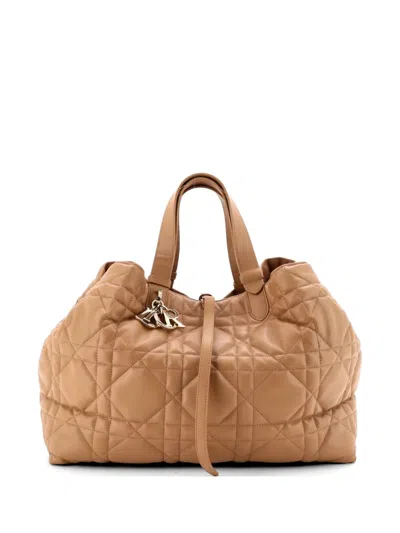 Pre-owned Dior Toujours Macrocannage Quilt Calfskin Large Tote Bag In Brown