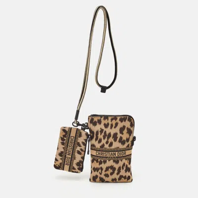 Pre-owned Dior Travel Beige/black Animal Print Fabric Multifunction Pouch Crossbody Bag In Sand