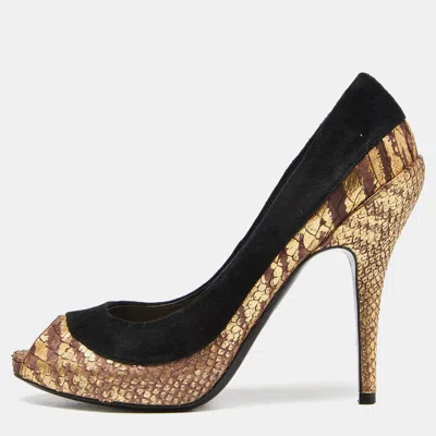 Pre-owned Dior Tri Color Suede And Python Peep Toe Pumps Size 38 In Multicolor