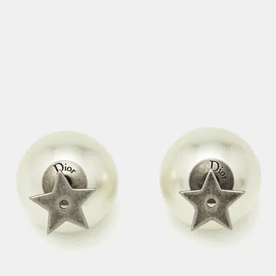 Pre-owned Dior Tribal Faux Pearl Silver Tone Earrings