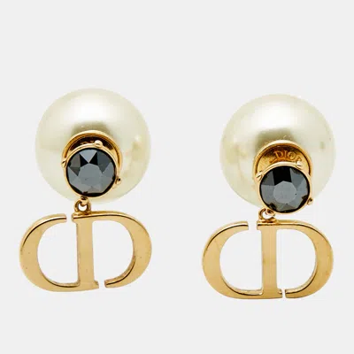 Pre-owned Dior Tribales Cd Crystals Faux Pearl Gold Tone Metal Earrings