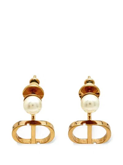 Pre-owned Dior Tribales Cd Faux Pearl Earrings In Gold