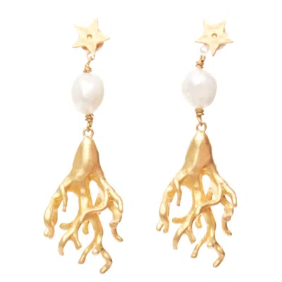 Pre-owned Dior Tribales Coraile Gold Metal Star Coral Faux Pearl Drop Pin Earrings Pair In Red