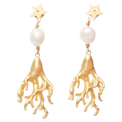 Pre-owned Dior Tribales Coraile Gold Metal Star Coral Faux Pearl Drop Pin Earrings Pair In Red