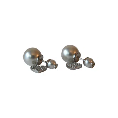 Dior Tribales Crystal Strass Heart Pearl Stud Earrings In Silver