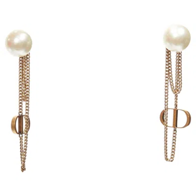 Pre-owned Dior Tribales Double Pearls Cd Charm Drop Dangling Chain Pin Earrings Pair In Multiple
