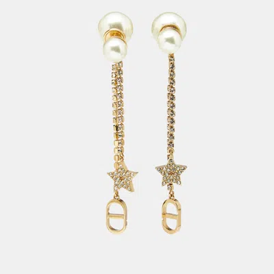 Pre-owned Dior Tribales Faux Pearl Crystals Gold Tone Dangle Earrings