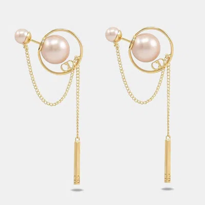 Pre-owned Dior Tribales Faux Pearl Gold Tone Chain Dangle Earrings