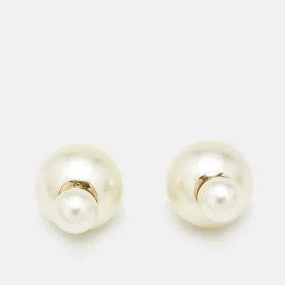 Pre-owned Dior Tribales Faux Pearl Gold Tone Earrings