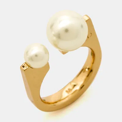 Pre-owned Dior Tribales Faux Pearl Gold Tone Ring Size 51