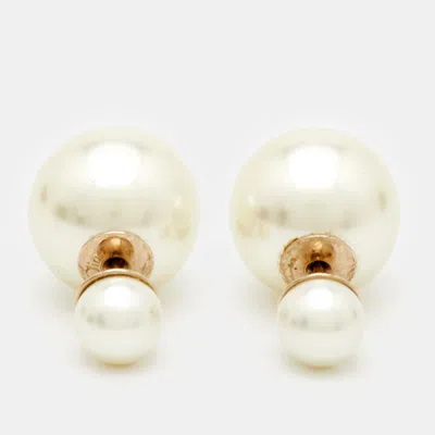 Pre-owned Dior Tribales Faux Pearls Gold Tone Earrings