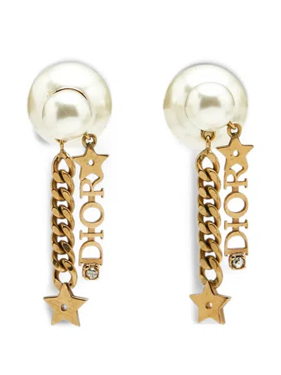 Pre-owned Dior Tribales Star Charm Faux-pearl Drop Earrings In Gold