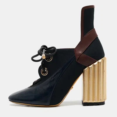 Pre-owned Dior Tricolor Patent Leather And Canvas Lace Up Block Heel Booties Size 38.5 In Multicolor