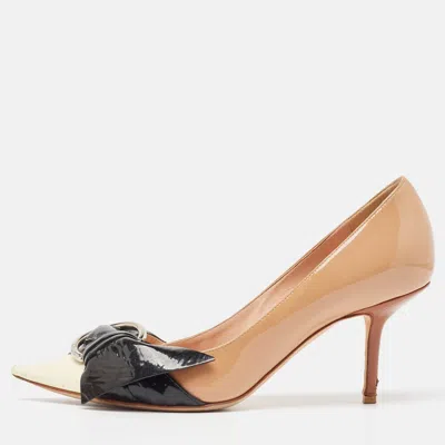 Pre-owned Dior Tricolor Patent Leather Buckle Bow Pointed Toe Pumps Size 40 In Beige
