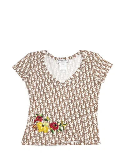 Pre-owned Dior Trotter-jacquard Floral-embroidered T-shirt In White