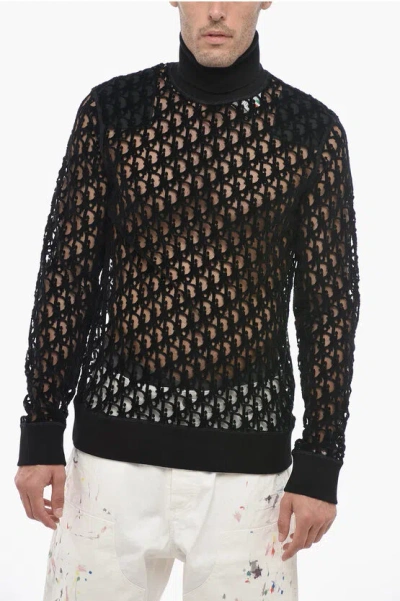 Dior Turtleneck Flocked Mesh Sweater With Monogram Motif In Black