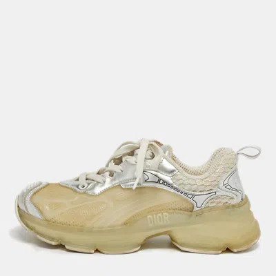 Pre-owned Dior Two Tone Jelly And Leather Vibe Lace Up Sneakers Size 37 In Silver