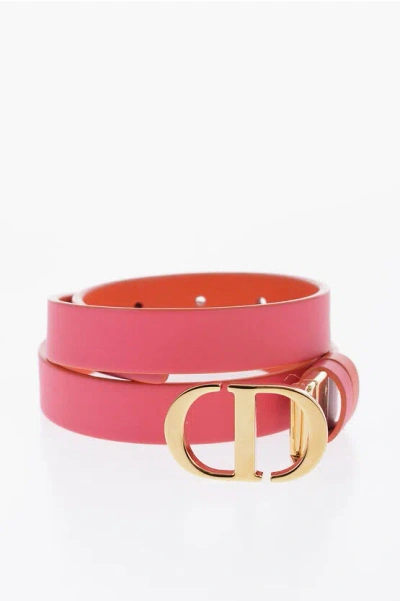 Dior Two-tone Leather Reversible 30 Montaigne Belt With Golden Bu In Red