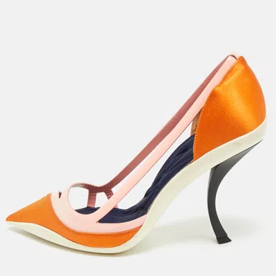 Pre-owned Dior Two Tone Orange Patent Leather And Satin Pointed Toe Curved Heel Pumps Size 39 In Multi