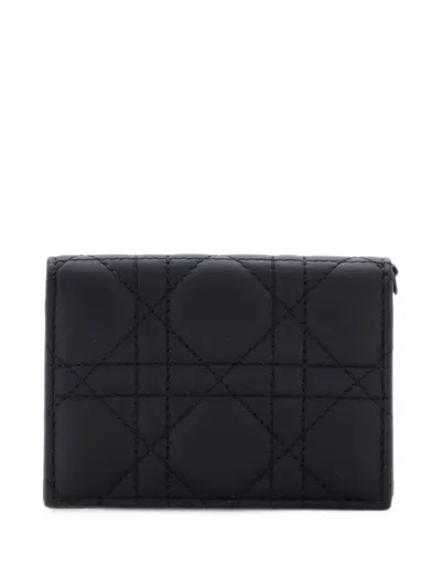 Pre-owned Dior Ultra Matte Lady  Flap Case Cannage Quilt Calfskin Card Holder In Black