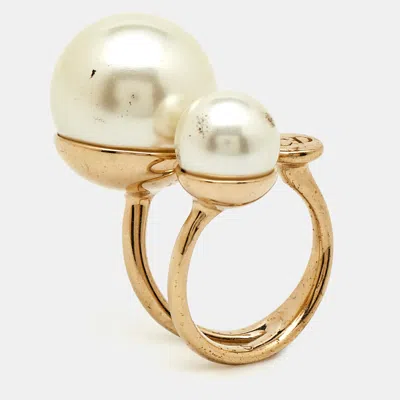 Pre-owned Dior Ultra Faux Pearl Gold Tone Ring Size 49