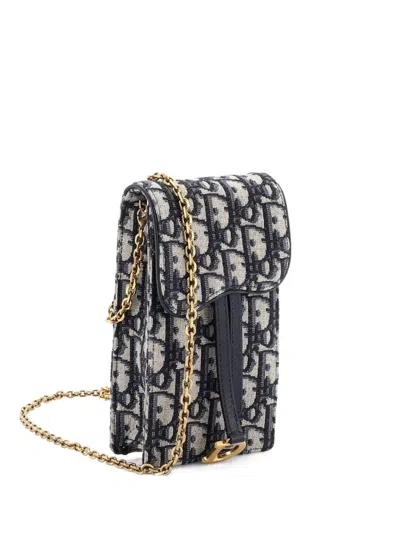 Pre-owned Dior Vertical Saddle Chain Pouch Oblique Canvas Clutch Bag In Blue